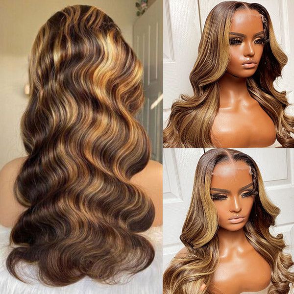 Brazilian 30 Inch Colored Highlight Human Hair  Body Wave HD Lace Front  Pre Plucked