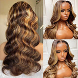Brazilian 30 Inch Colored Highlight Human Hair  Body Wave HD Lace Front  Pre Plucked
